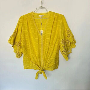 Max Studio Flounce Sleeve Top Knot Front Lace Size Medium Yellow Cotton Blend